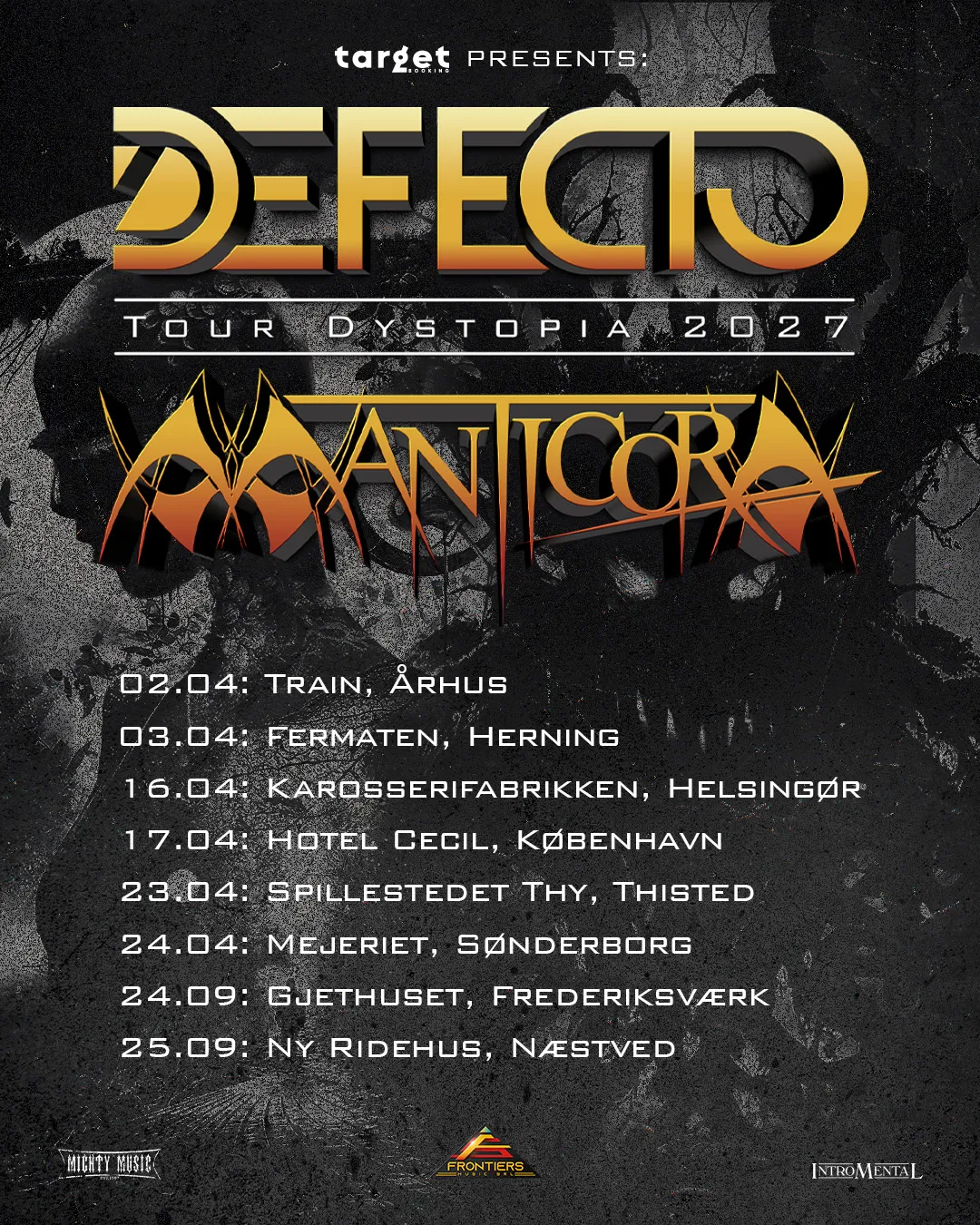 Tour Dystopia 2027 - Defecto and Manticora Danish tour poster with all dates